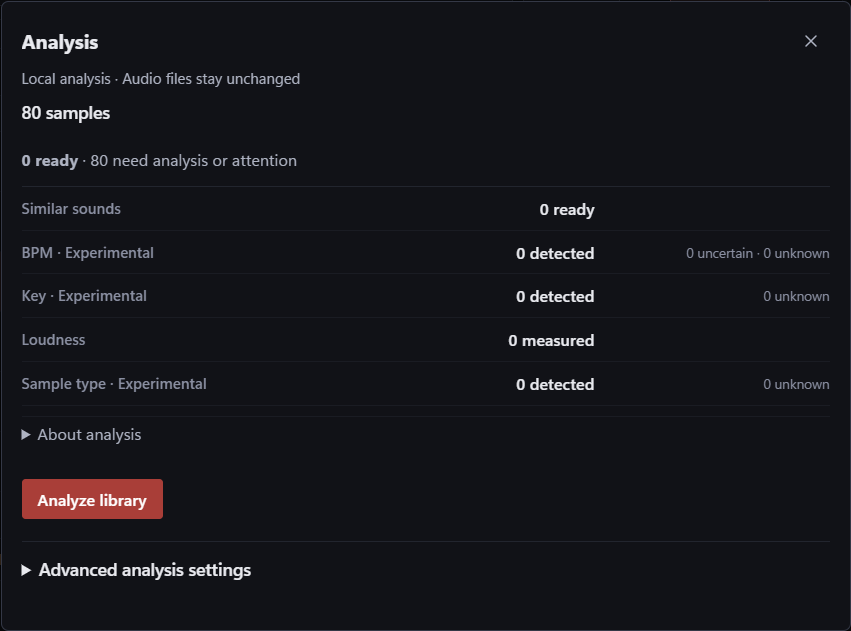 Current beta Analysis dialog with local processing, BPM and key Experimental labels, loudness and sample-type controls.